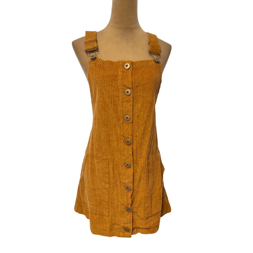 POL Mustard Yellow Corduroy Button Front Overall Pinafore Dress Retro size large